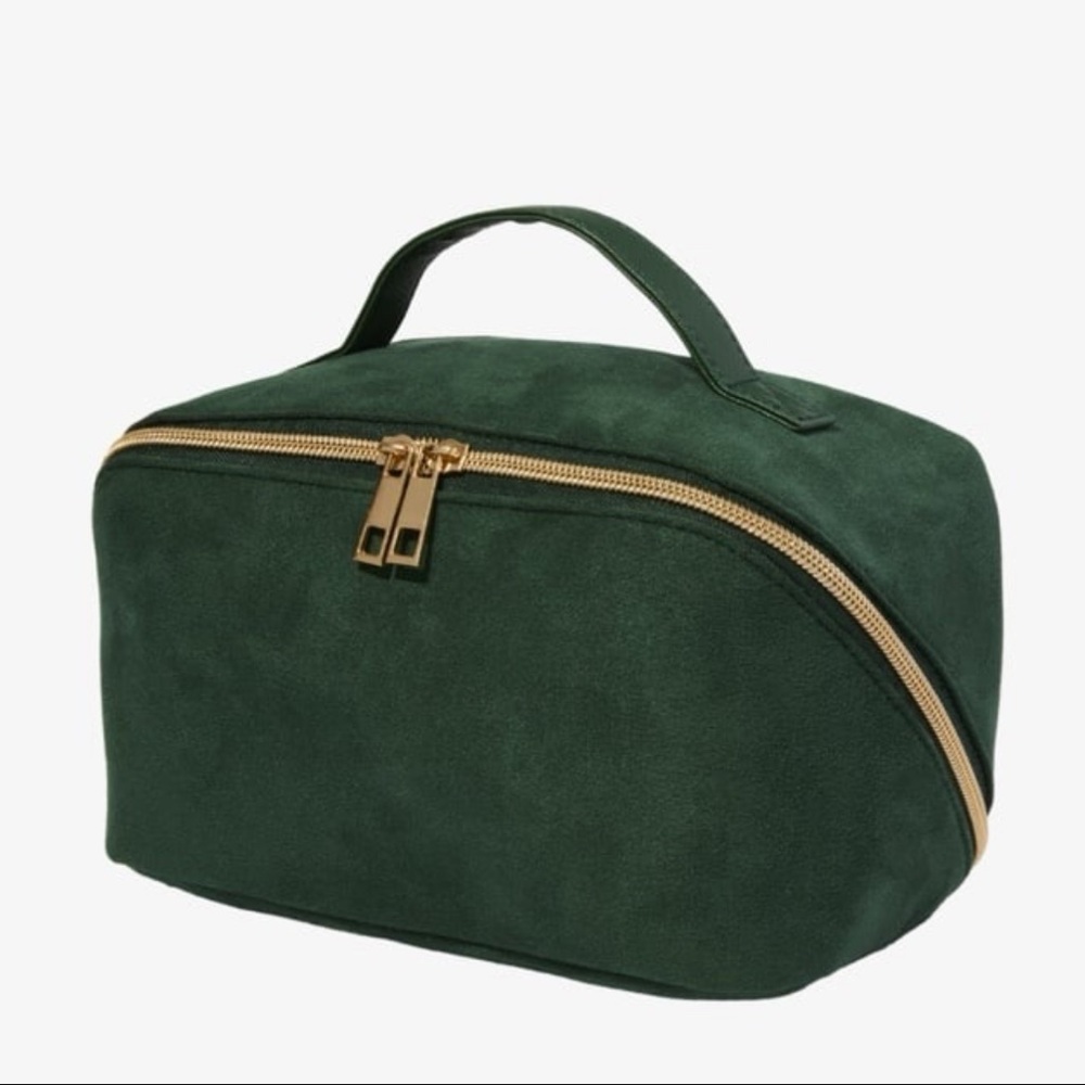 ULTA Beauty Green Suede Travel Cosmetic Bag with Gold Zip